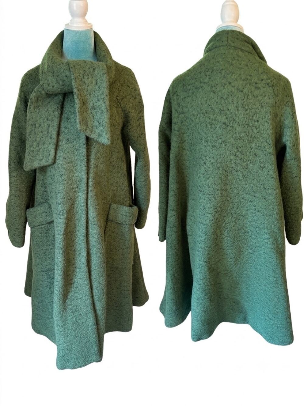 Green Wool Blend Scarf Collar Long Coat Cabincore Cottagecore Moss Fuzzy cape